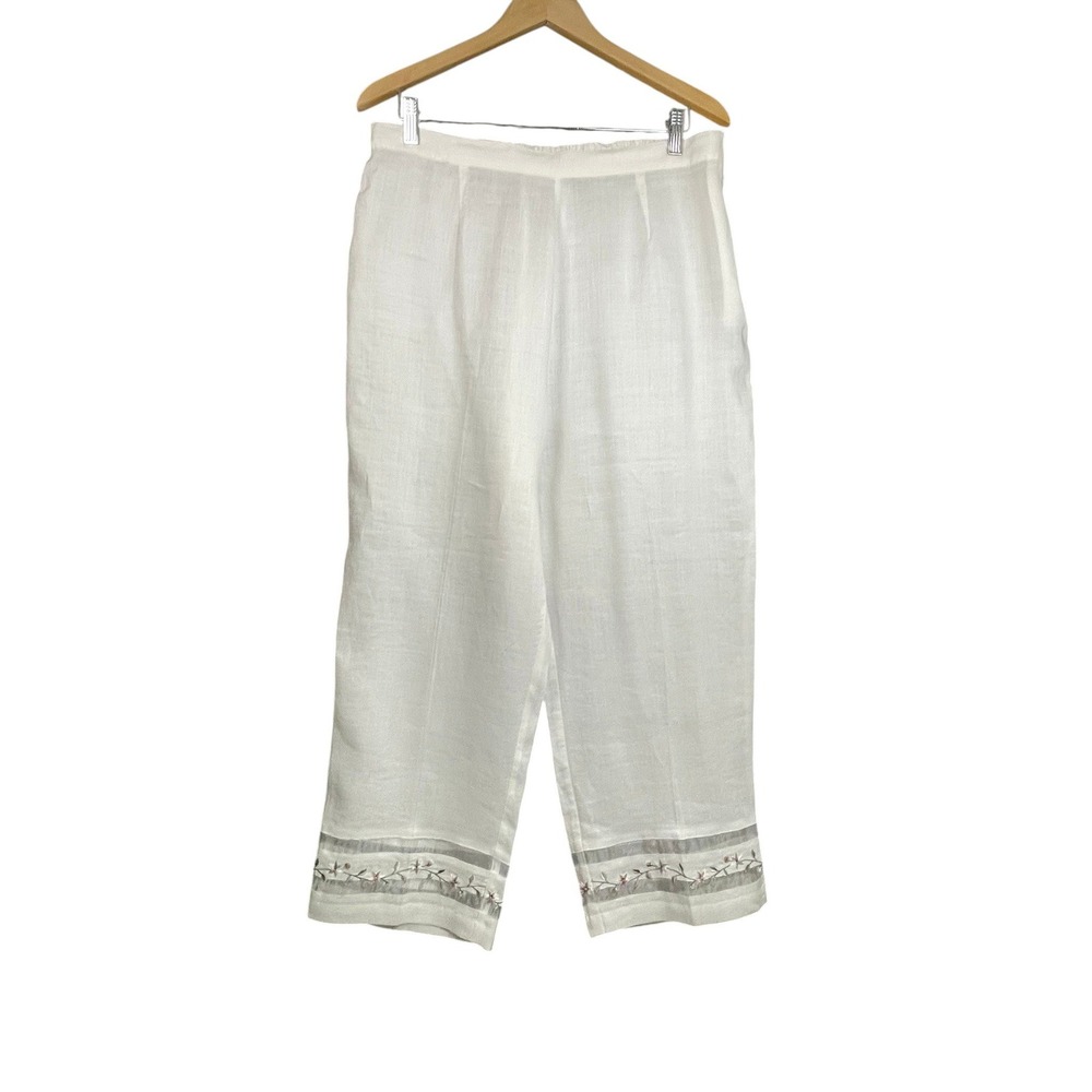 Jordan XL White 100% Linen Embroidered Crop Pants Floral Hem Elastic Waist